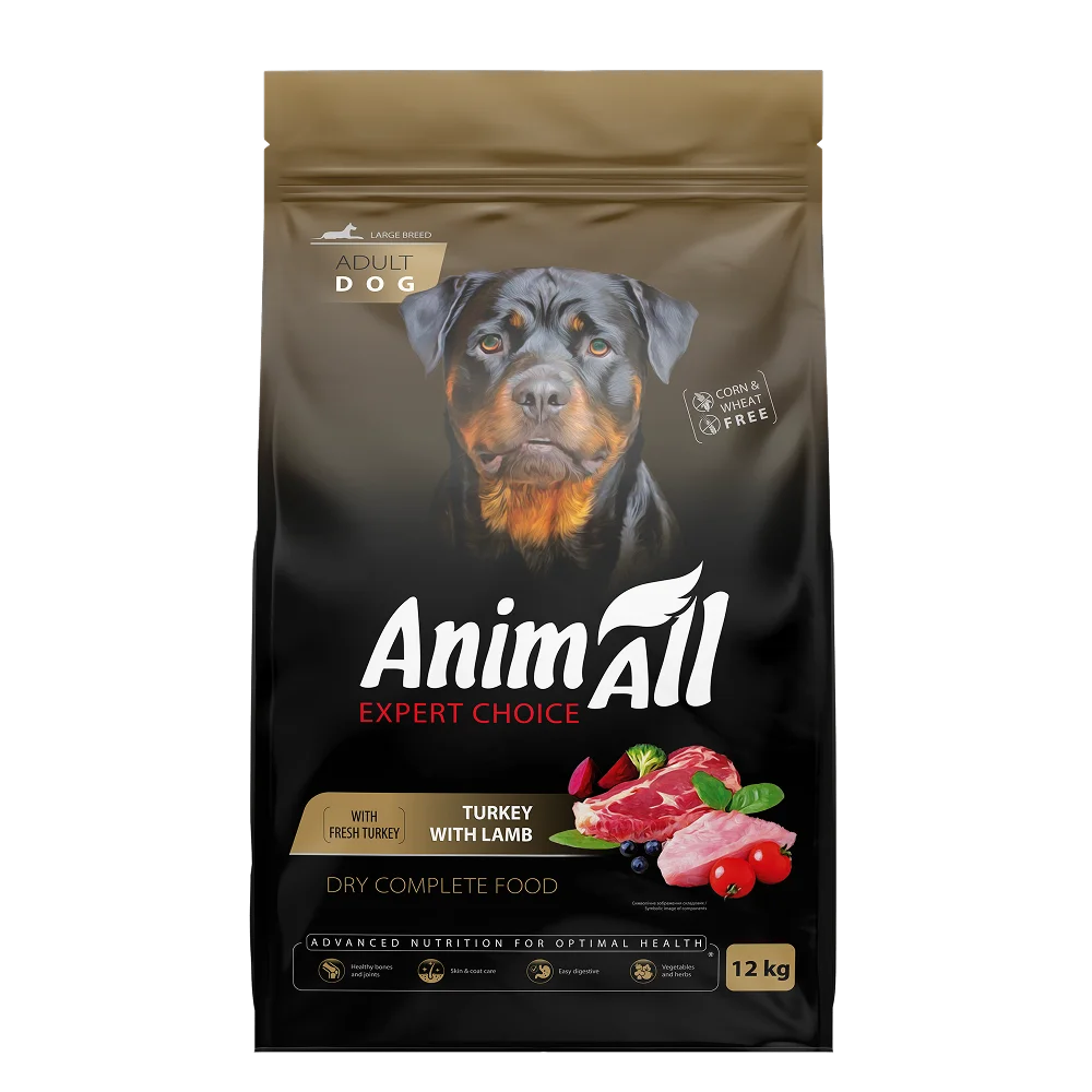 Повнораціонний сухий корм AnimAll для дорослих собак великих порід, зі свіжою індичкою та ягням, 12 кг